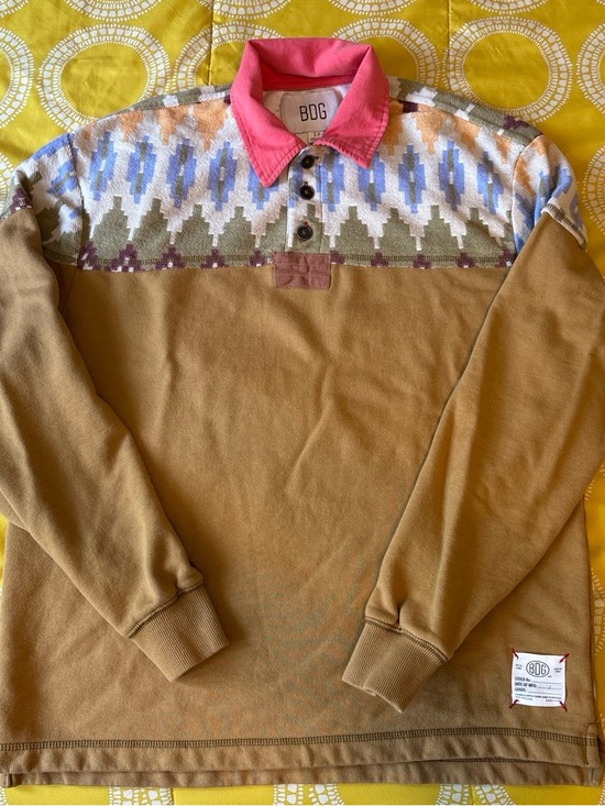 BDG Other - BDG Urban Outfitters Camel Rugby Polo with Pink Collar and Multi-Pattern Yoke